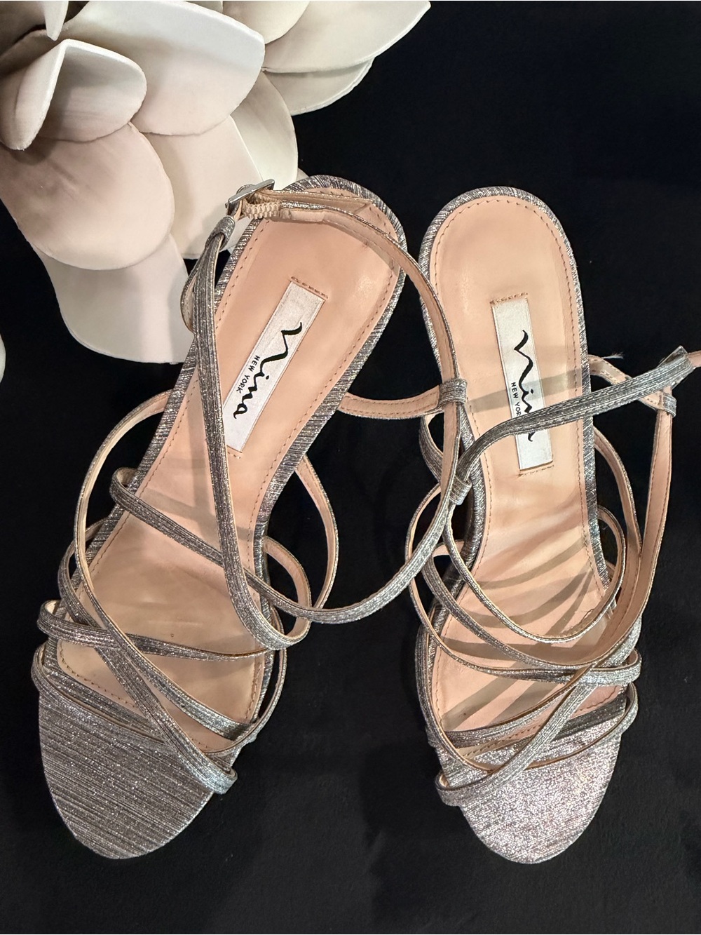 Nina Metallic Silver Strappy Stiletto Sandals Size 9.5